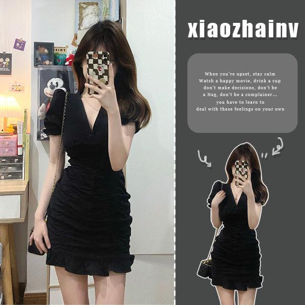 Korean Style Black V-Neck Puff Sleeve Fishtail Dress - Women's Unique Summer Design