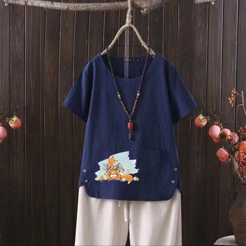 

Новая футболка из хлопка и конопли с V-образным вырезом и принтом лисы для женщин - лето 2025 года, легкая и стильная 4XL темно-синий