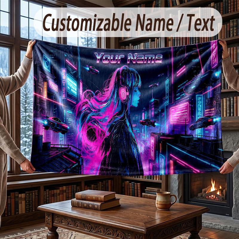 Coperta da divano a tema Cyberpunk Città con nome e testo personalizzati Coperta morbida e accogliente per casa, divano, letto