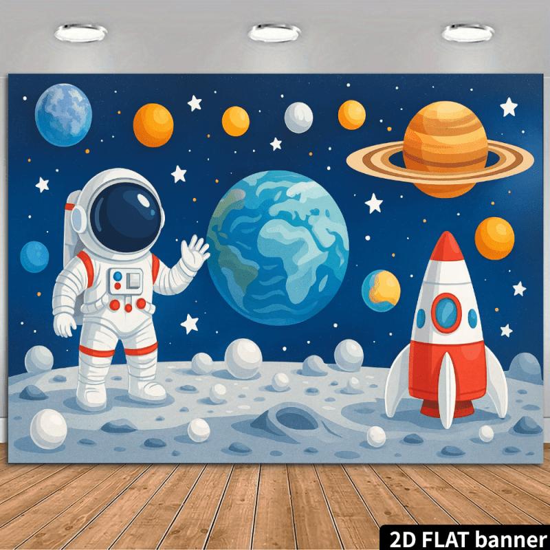 2D Planar Dreamy Space Astronaut Background Fabric. Astronaut + Planetary Rocket + Star Decorations Polyester