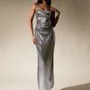 Innovative Fog Gold Fabric Dress, European and American Sexy Backless Back Split Square Neck Dress