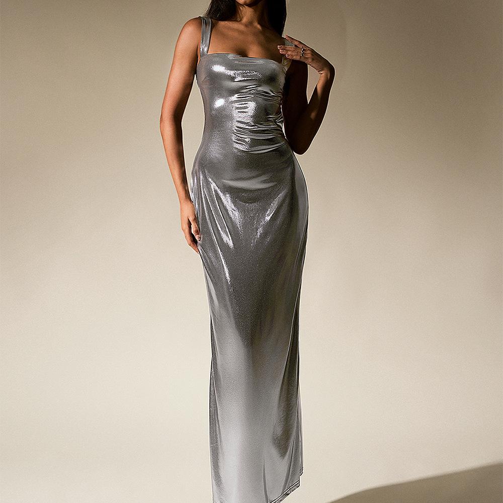 Innovative Fog Gold Fabric Dress, European and American Sexy Backless Back Split Square Neck Dress