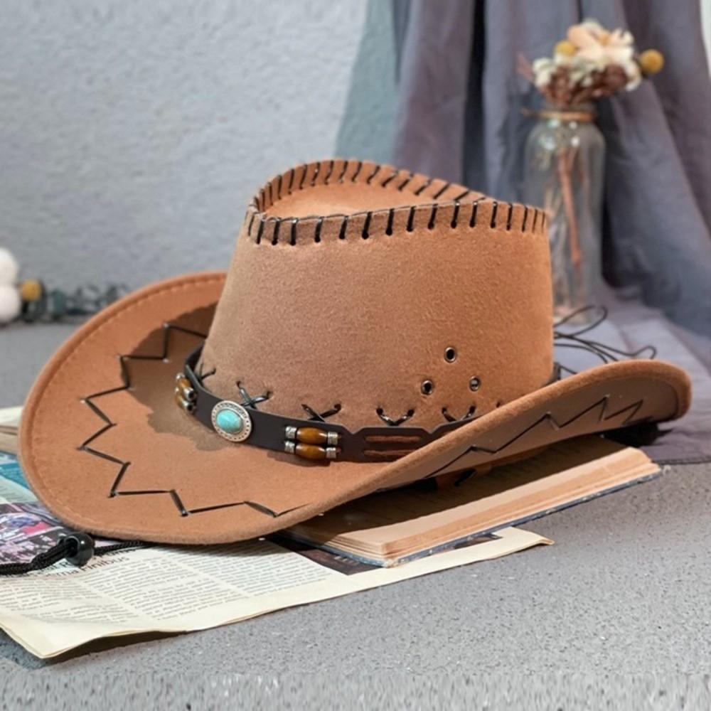 Wide Brim Fedora Hat Leather Belt Sun Hat Travel Western Cowboy Hat  Camping