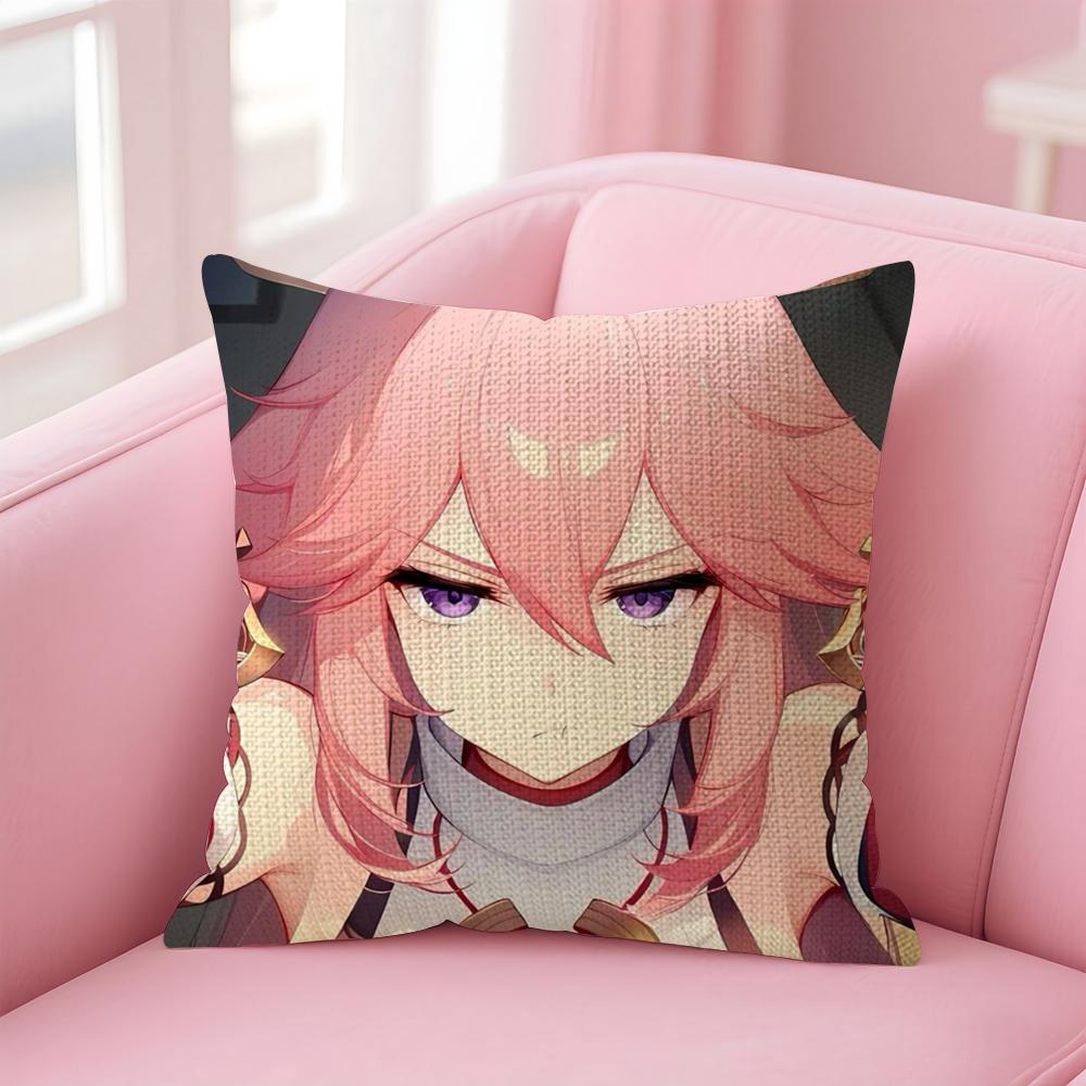 Genshin Impact Yae Miko Cushion Cover Natural Linen Pillow Case Double-Sided Print Decorative Sofa Pillowcase Home Decor Gift