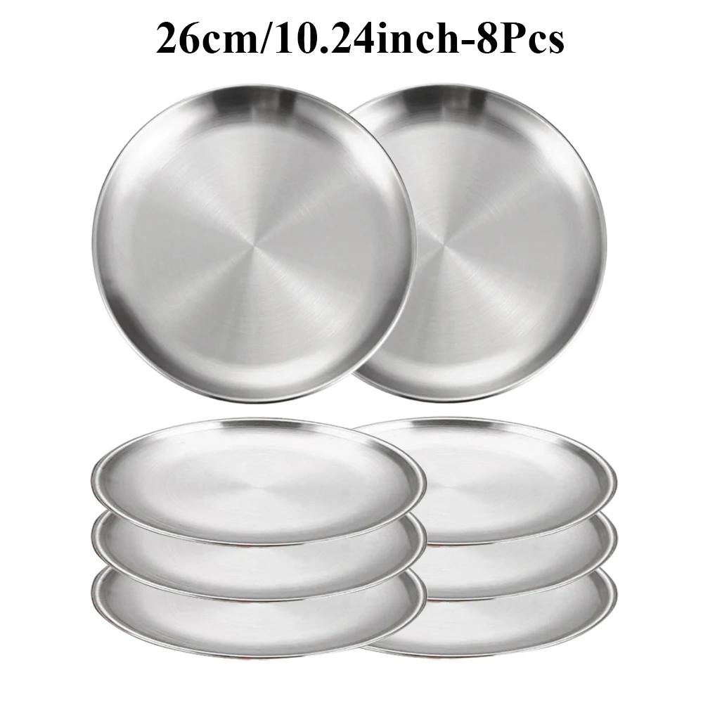 8PC Metal Dining Dish Stainless Steel Round Plate Shallow Tray 14/17/20/23/26cm BBQ Picnic Camping Food Container Tableware Set