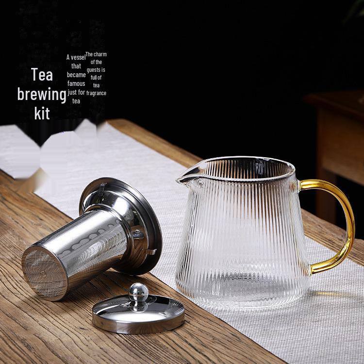 High-Temperature Resistant Glass Teapot with Vertical Pattern and Stainless Steel Filter for Brewing Scented Tea