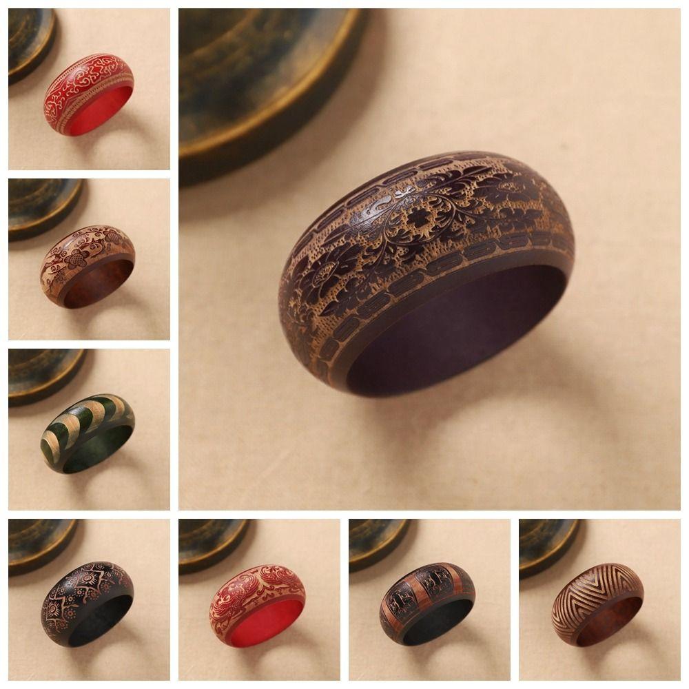 Retro Carving Wooden Bangle Wide Ethnic Style Bangle Gift Chinese Style Bracelet  Wrist Bracelets