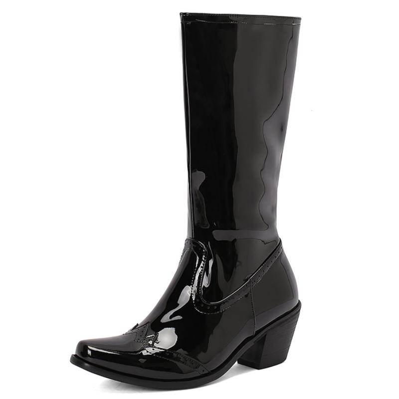 

Модные женские сапоги до колена, сексуальные зимние туфли в ковбойском стиле, черные, белые, розовые, на каблуке, длинные, женские, большой размер 45, комфорт 34 чёрный