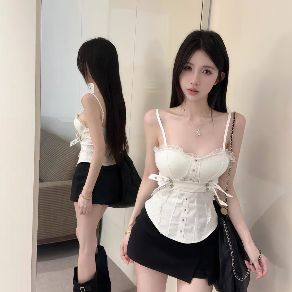 #Summer new Spice Girl retro heavy industry sling vest women's waist design slim one-piece with chest pad