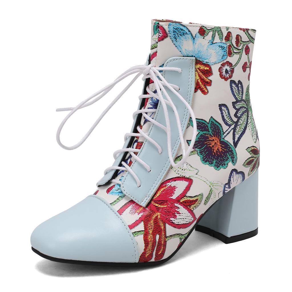 Sweet Women Ankle Boots Pink Red White Flower Print High Block Heels Casual Party British Lady Lace-up Winter Plush Short Boots