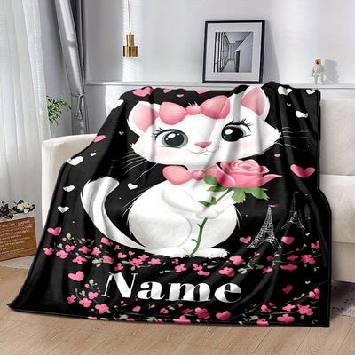 Cat Sending Flowers Customize Your Name Blanket Warm Comfortable And Soft Blankets Are Suitable For Home Chairs Office Sofas Sofas Office Camping And