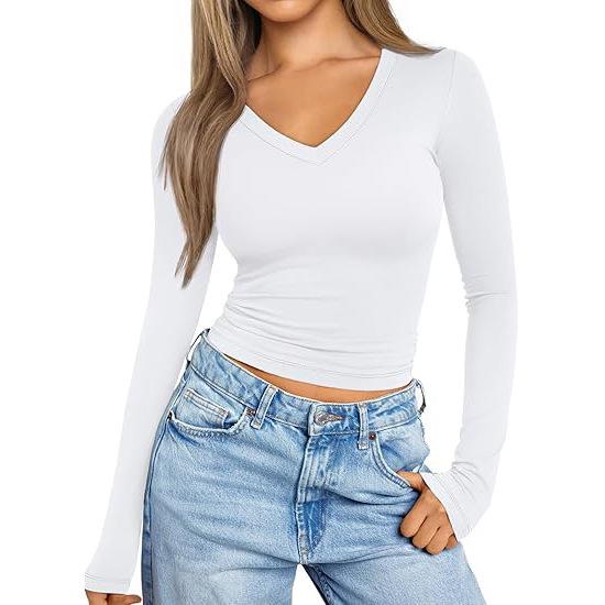 Women's European American V-Neck Slimming Long-Sleeve Bodycon Milk Silk Top