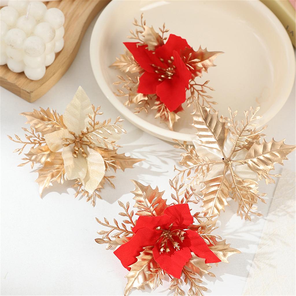 Christmas Tree Decoration Poinsettia Flower Artificial Christmas Flower for Wreath Home Holiday Party Decoration