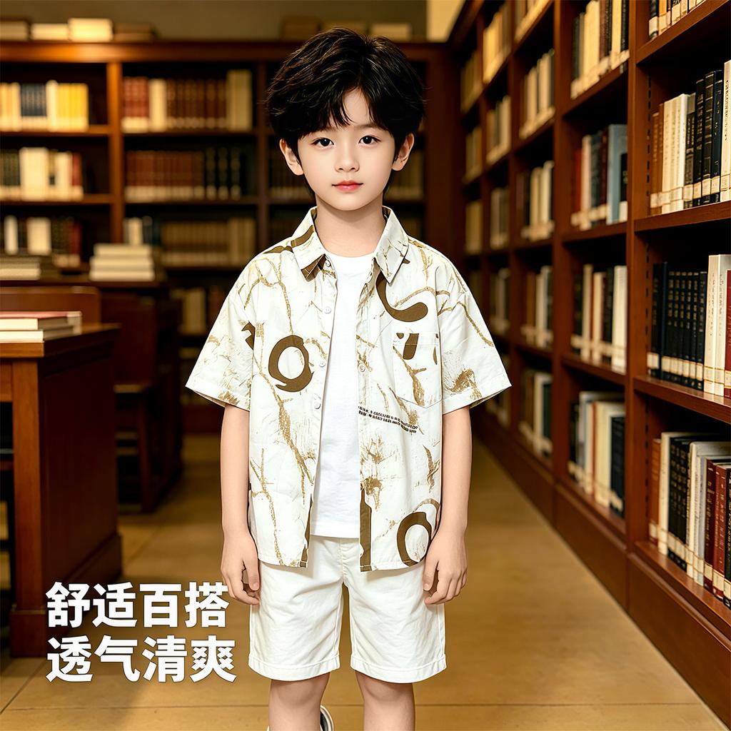 Boys' Collar Shirt Summer Men's Treasure Casual White Pure Cotton Children's Shirt