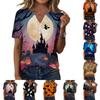 Women's Casual Halloween Print V Neck Short Sleeve Button Front Top Lightweight Comfortable Fit