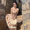 Coffee break French oil painting floral suspender dress women's summer new seaside vacation beach dress