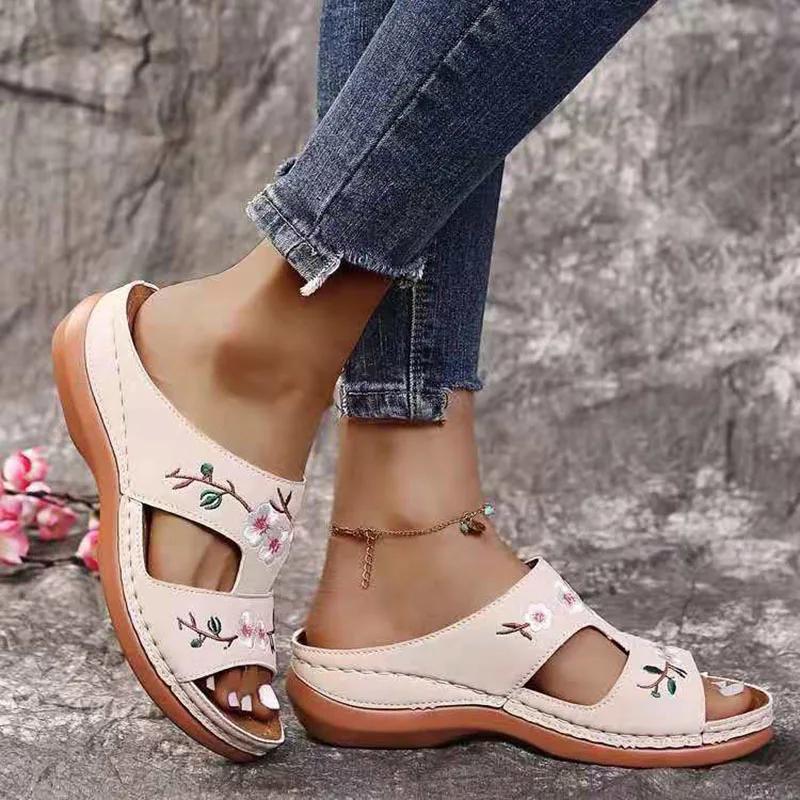 Fashion Rimocy Women's Wedges Slippers Summer 2025 Plus Size 43 Embroidery Sandals Shoes Woman Beach Casual Soft Sole Flip Flops Mujer