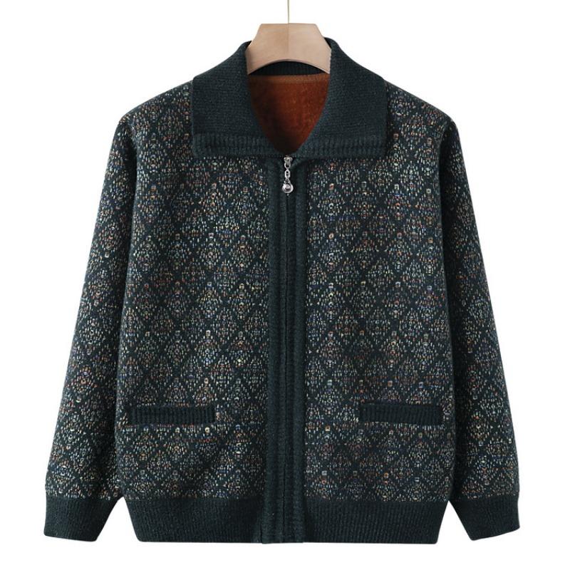 

Новая кофта-жакет для мамы, средняя и старая вязаная кофта для бабушки, осенне-зимний флисовый утолщенный кардиган-топ 4XL (recommended 150-82.5 kg) зелёный