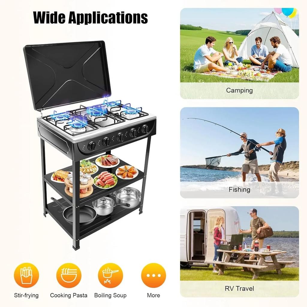 Gas Stove Portable Stove 5 Burner, with Support Leg Stand and Wind Blocking Cover Adapter Manual Ignition Camping Stove, NO Hose