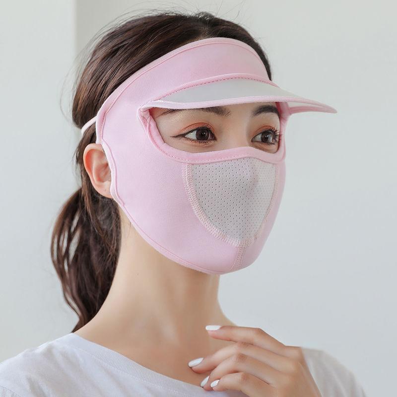 Women Summer Sun Hat With Mesh Breathable Ice Silk Mask Outdoor Worker Anti-Uv Full Face Cover Sunscreen Sunshade Cycling Cap