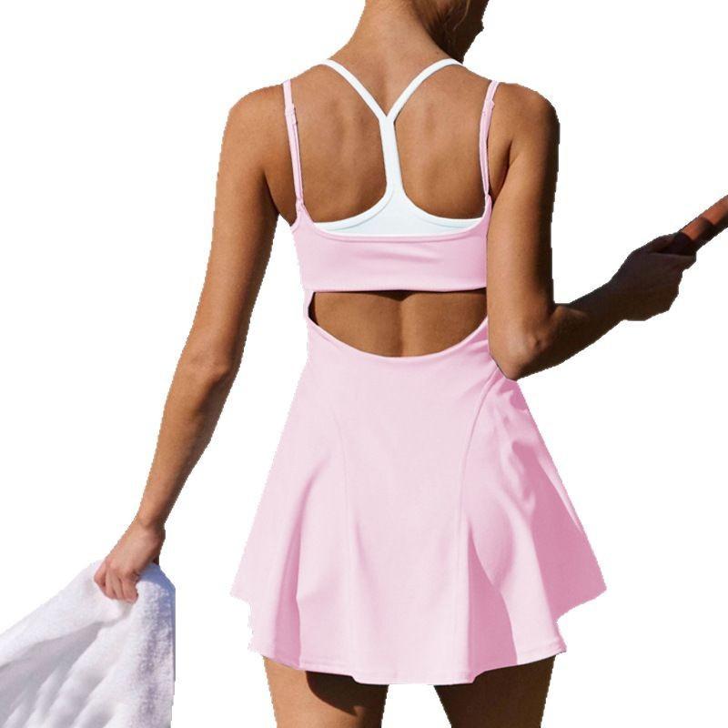 Womens High-Elastic Quick-Dry Yoga Jumpsuit With Built-in Bra Pad Color-Block Backless Sport Dress Running Gym Tennis
