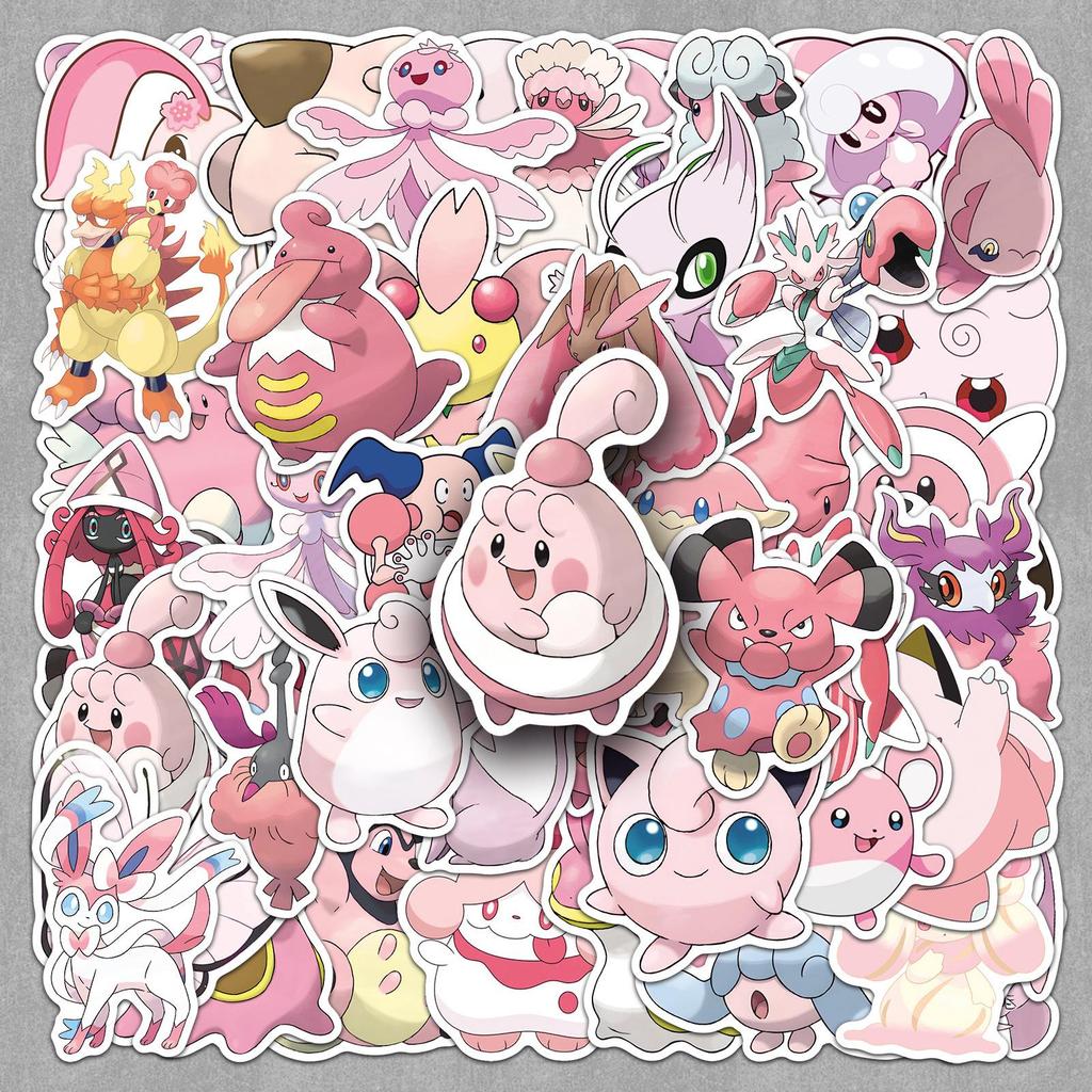 50 Pink Pokémon Anime Stickers for Notebooks, Luggage, and Skateboards