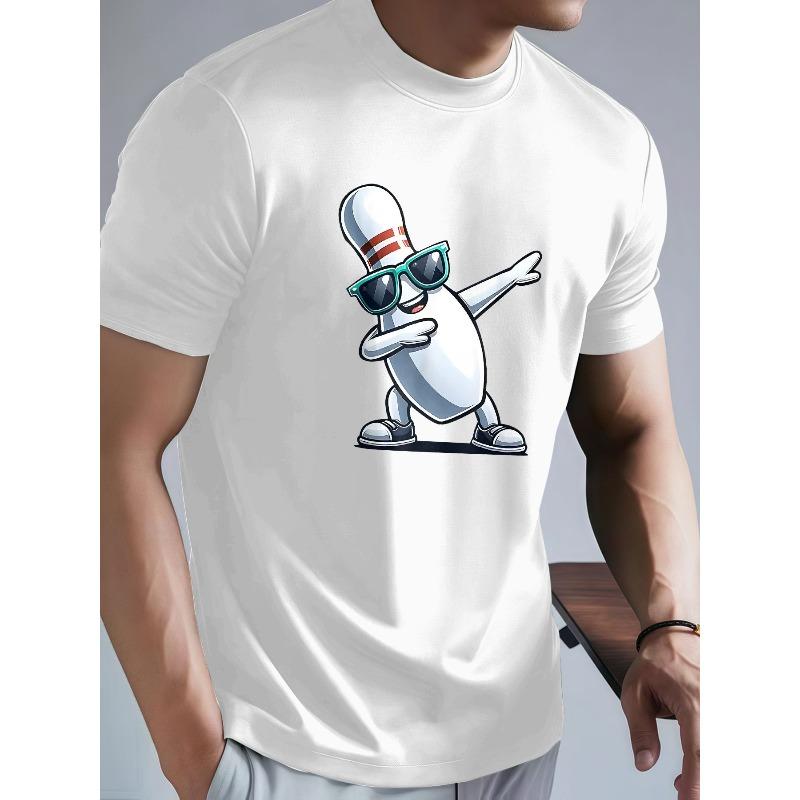 European Sizes Men'S Comfortable Crew Neck Top Featuring a Cartoon Bowling Figure Design, a Slightly Stretchy Sports Casual T-Shirt