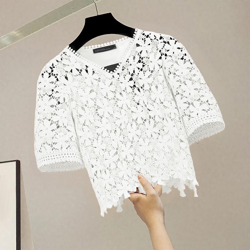 ZANZEA Women Summer V-Neck Short Sleeve Casual Lace Patchwork Blouse