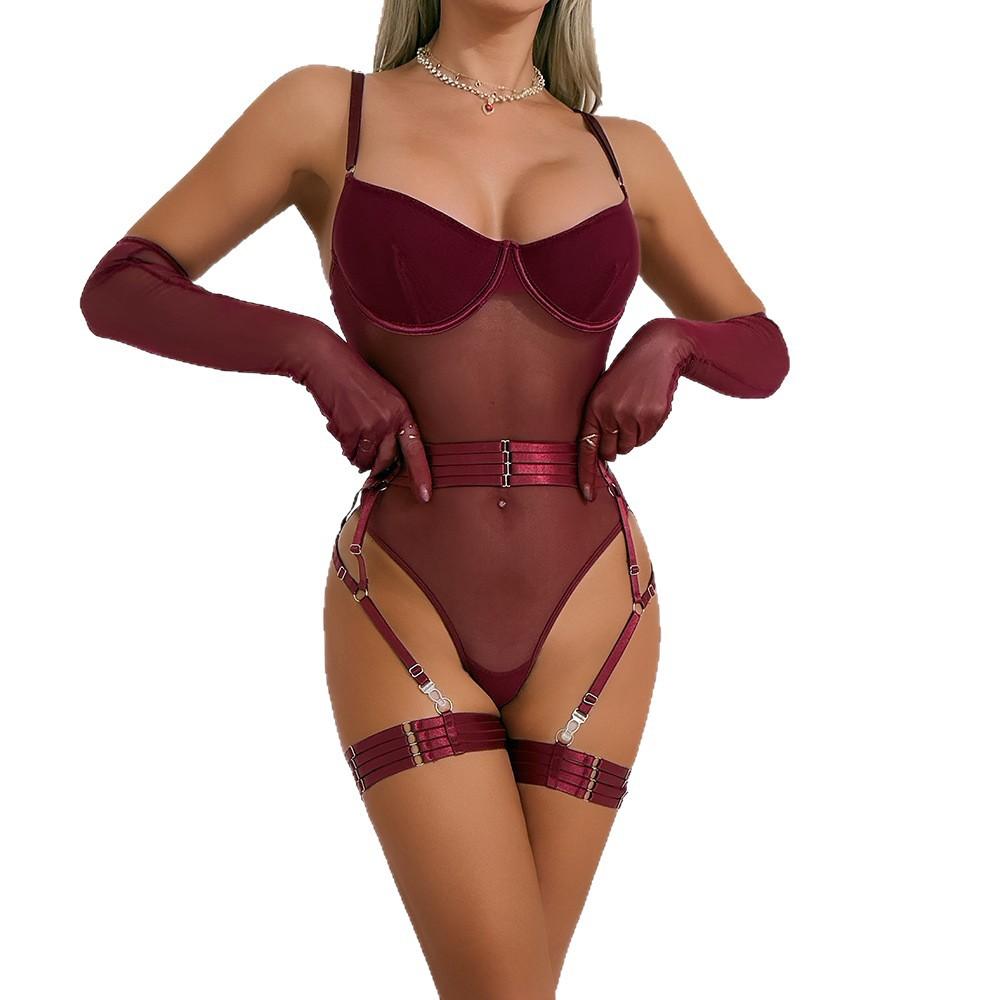 European and American Women’s Sexy Spaghetti Strap Lingerie Set, Erotic Sheer Mesh Underwire Push-Up Bodysuit with Leg Straps and Gloves
