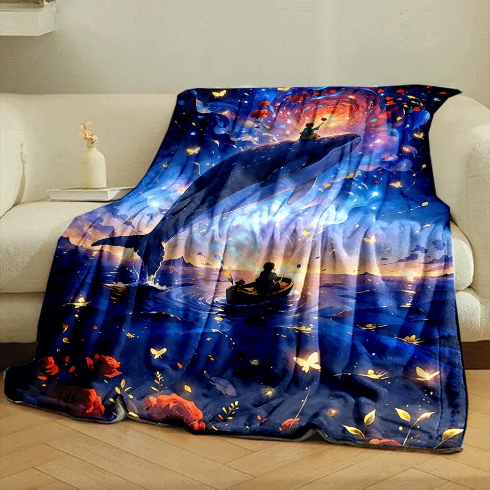 A magical scene with a whale, glowing vortex, butterflies, and roses. for all seasons blanket lunch break throw gift