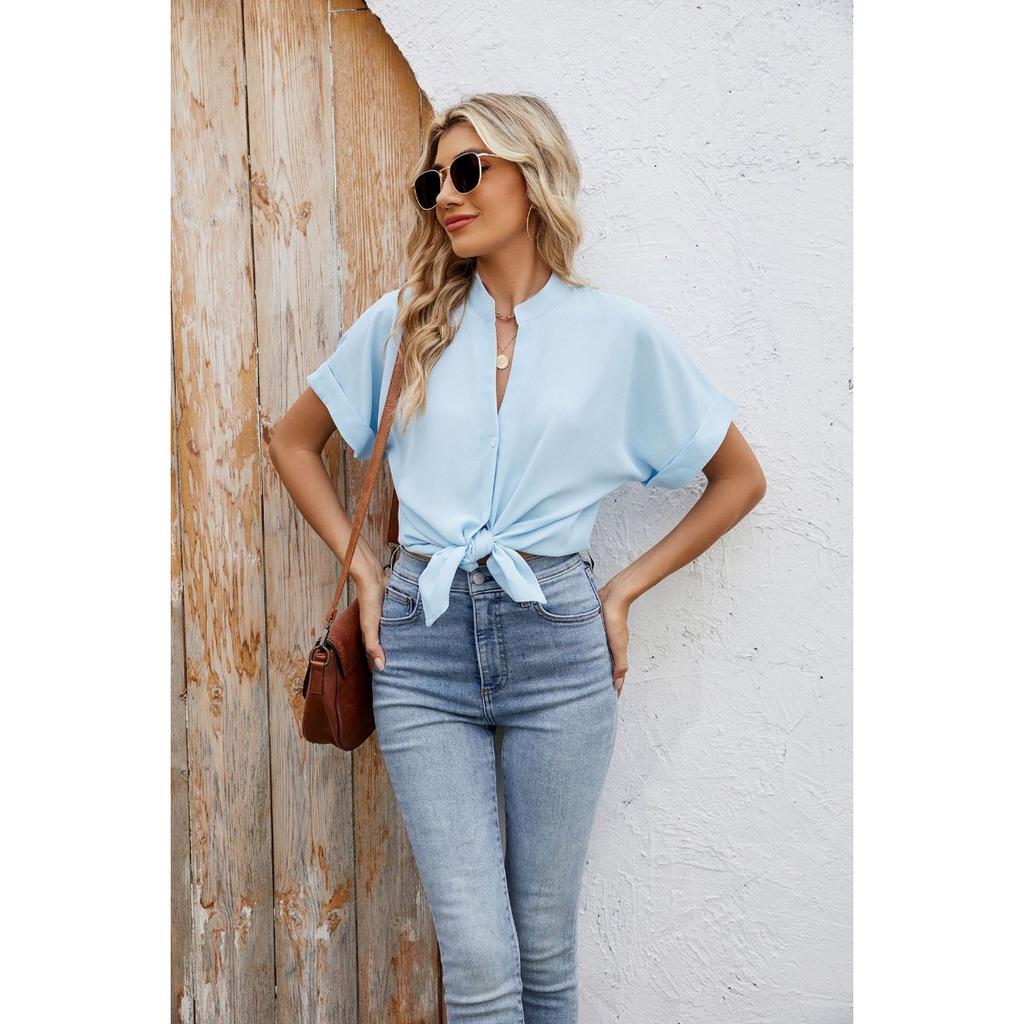 Spring Summer New Solid Color V-neck Loose Short Sleeve Button Down Chiffon Blouse for Leisure Europe America Leisure Trade