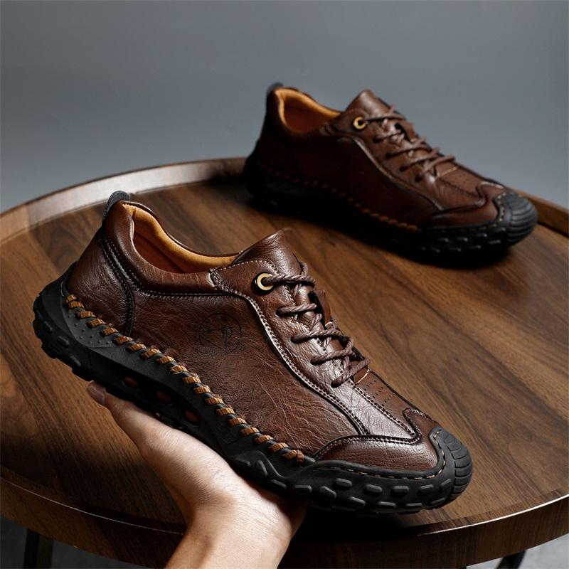 

Classic Men s Leather Casual Shoes Soft Soles handmade sewing Outdoor Men s Shoes Wear-resistant Soles shoes big size 48 48 темно-коричневого кольору
