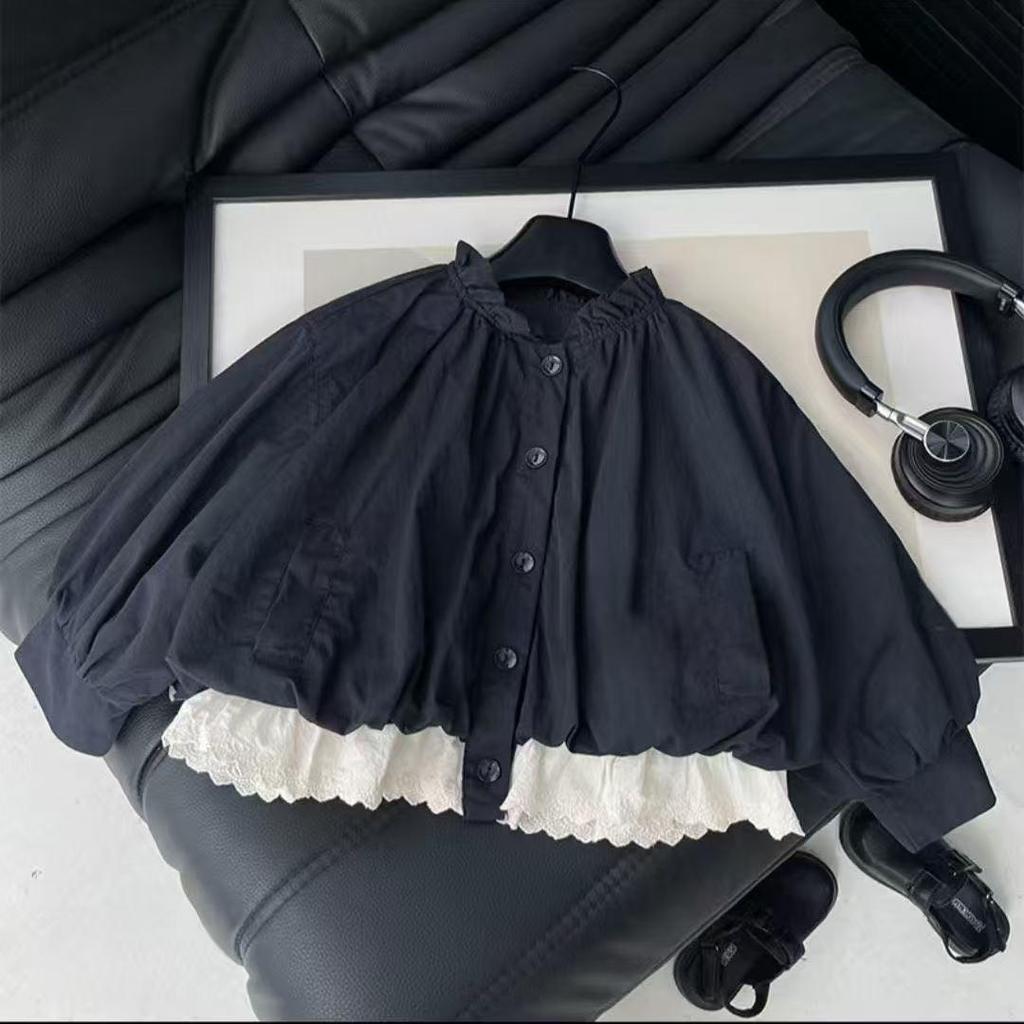 Girls' Korean Lantern Sleeve Bud Coat - 2025 Spring/Fall Children's Fashion Short Mori Style Windbreaker