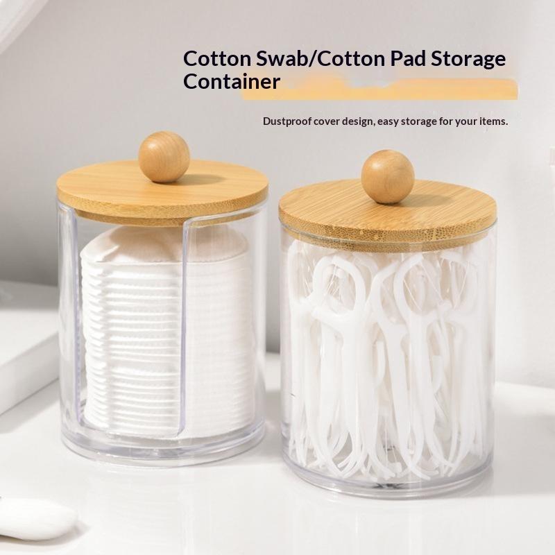 Cotton Swab Organizer with Bamboo Lid Clear Plastic Apothecary Jar for Bathroom Vanity Makeup Storage