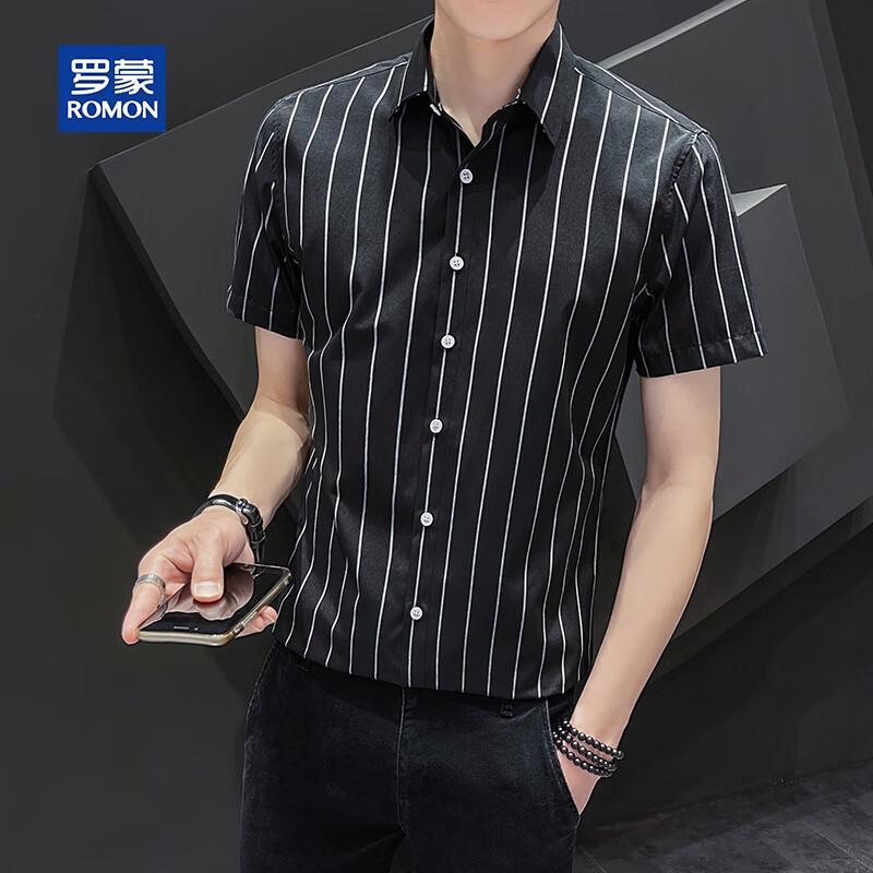 ROMON Men's Short Sleeve Striped Non-Iron Business Shirt