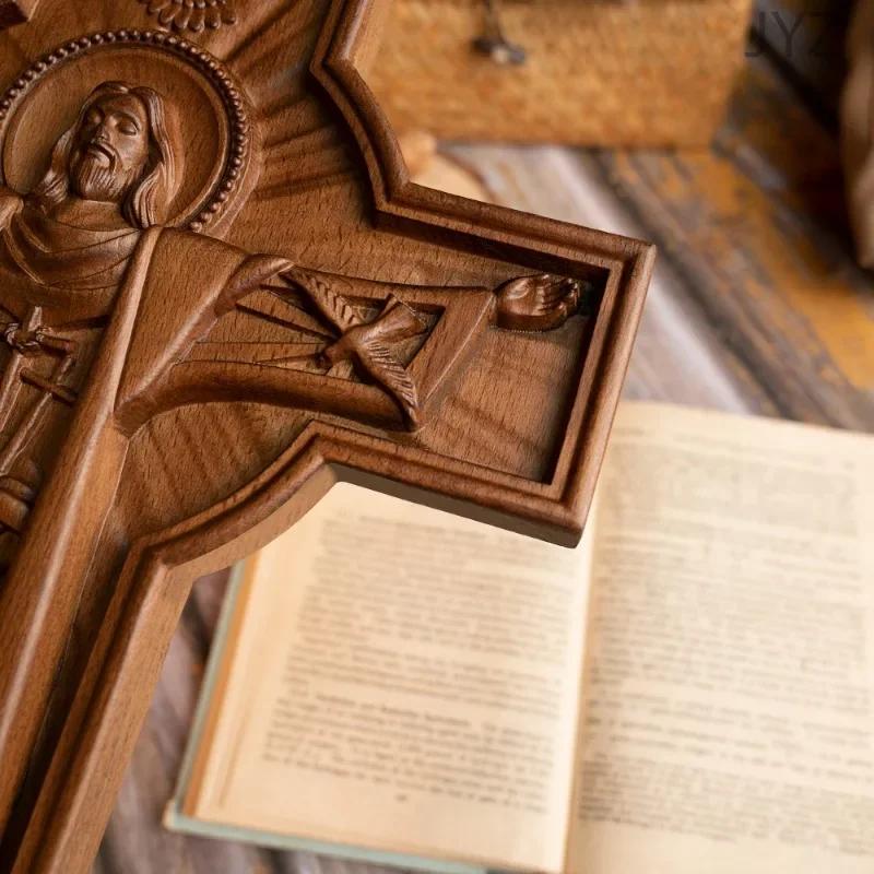 Vintage Wooden Easter Catholic Cross Jesus Statue, Interior Religious Wall Decor Baptismal Gift