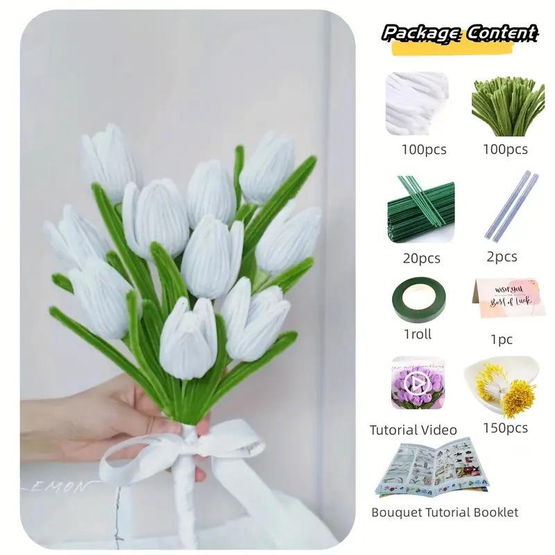 Chenille Stem Tulip Bouquet Kit, DIY Pipe Cleaner Flowers Craft, Creative Gift for Mom Wife Girlfriend