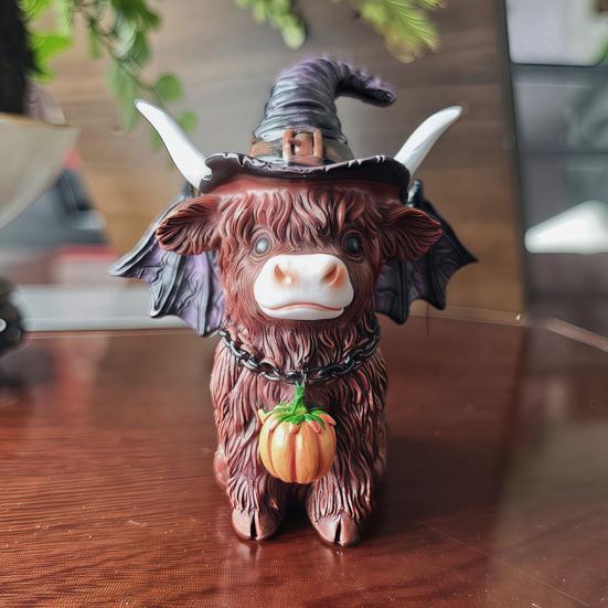 Highland Cow Resin Figurine Halloween Christmas Highland Cattle Cat Statue Animal Sculpture Holiday Party Decoration Ornament