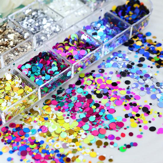 1 Box Round Glitter Nail Art Sequins 12 Grids Assorted Color Holographic Nail Charm Foils DIY Nail Design Crafts Manicure Decoration Accessories