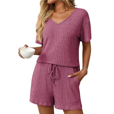 Conjunto de pijama de verano para mujer, de manga corta, con rayas de color liso y estampado de cuadros, para estar en casa
