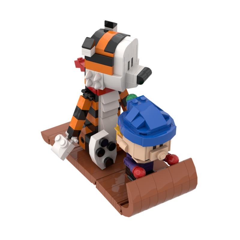 MOC Calvined and Hobbes Model Building Blocks Sleigh Tiger Cartoon Activity Figure Assembled Brick Toy Children's Birthday Gift