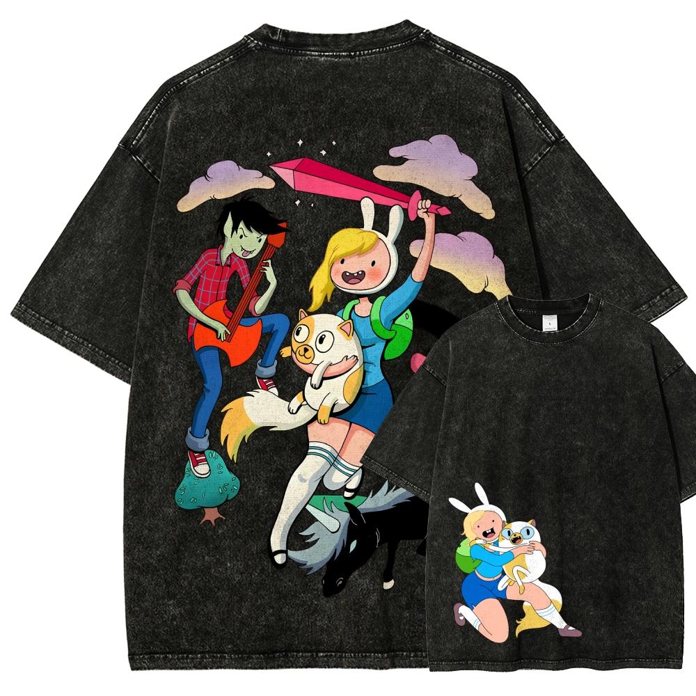 Adventure Time Washed T-shirt 2026 New Model personality Clothes shirt Year round clothing Retro Loose Oversized Plus Size Unisex L