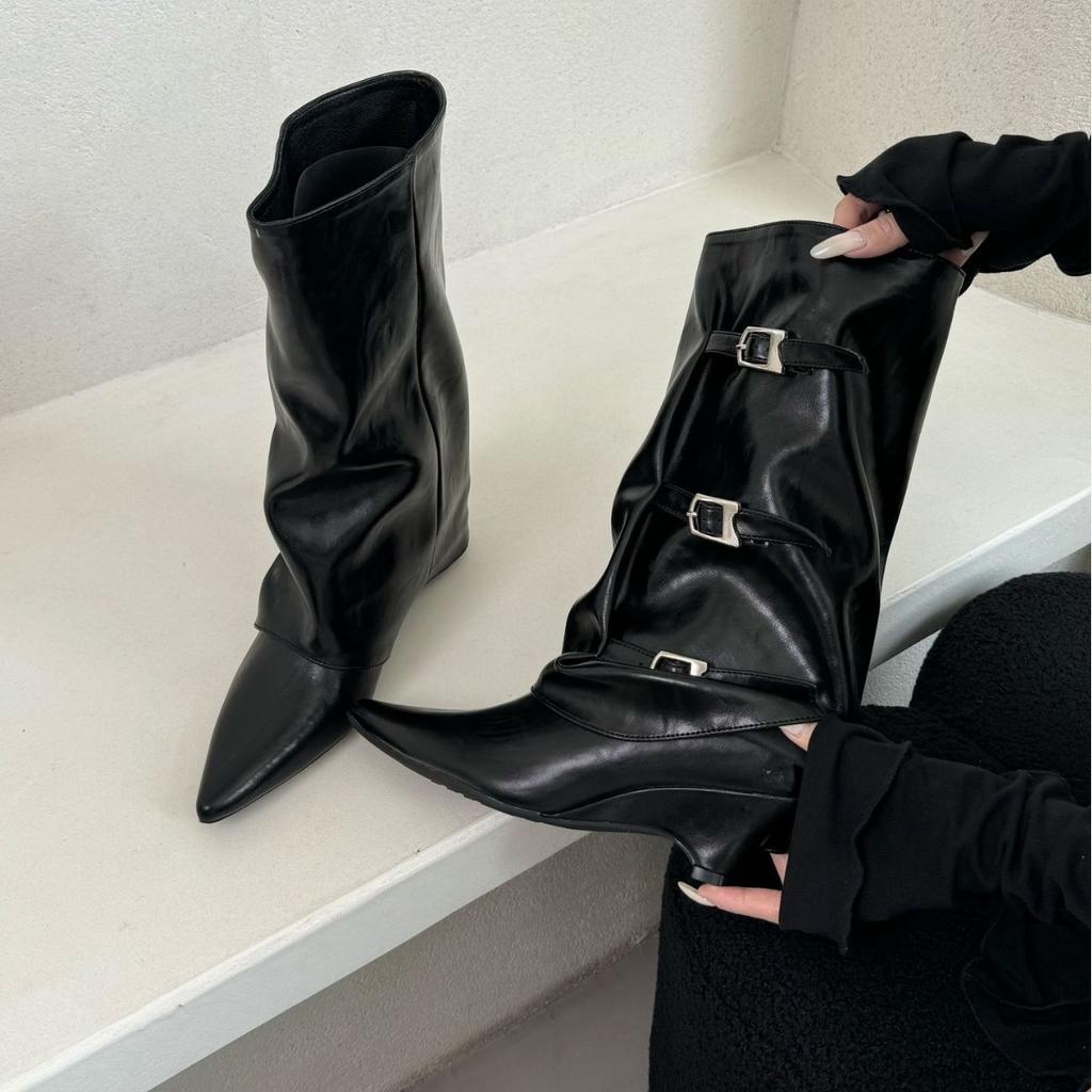 European and American Slope Heel High Heel High Boots Women's 2025 New Spring and Autumn Pointed Pile Solid Color Long Trousers Knight Boots