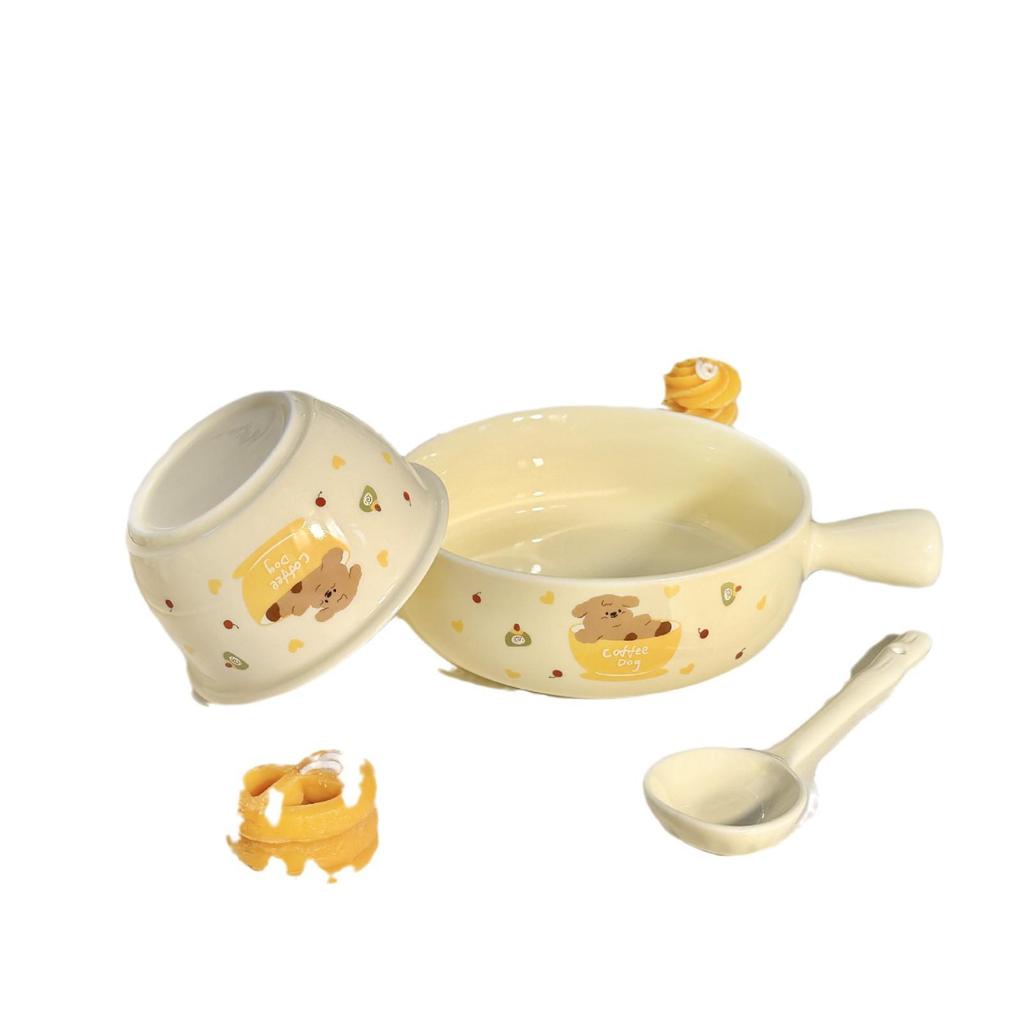 Adorable Puppy Ceramic Dessert Bowl Set, Underglaze Color, Cute Cream Handle, High Aesthetic Tableware for Girls