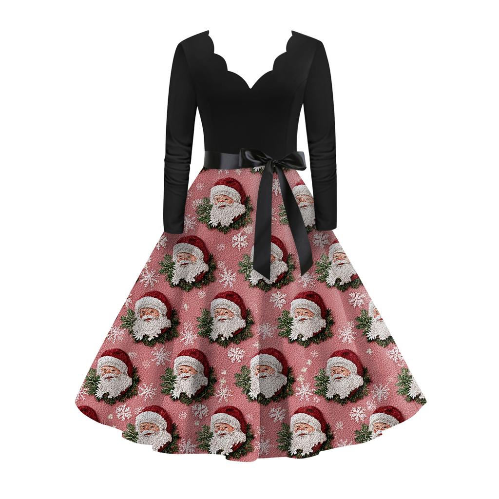 Women's Fashion Elegant Autmn and Winter Long Sleeve V-Neck Christmas Print Dress
