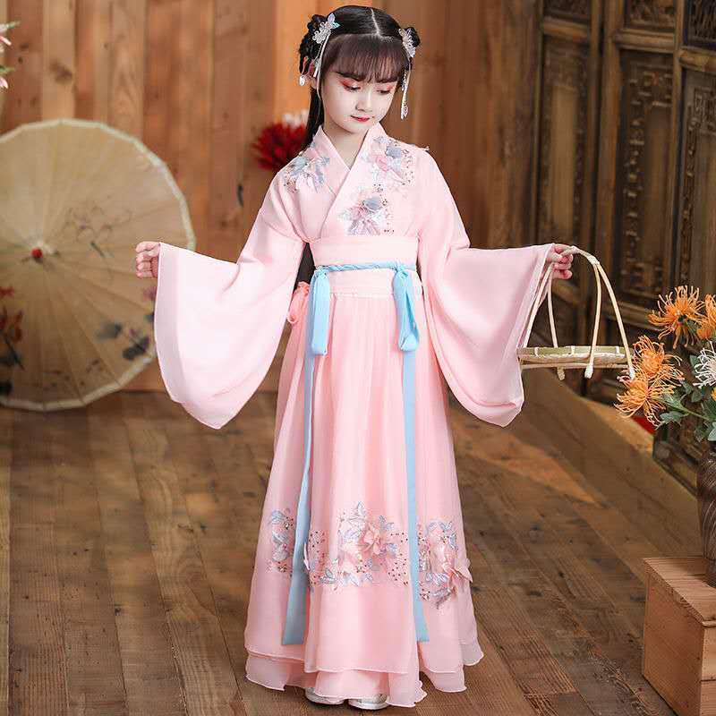 

Cherry Blossom Hanfu Princess Dress: Light Gauze Fairy Costume for Girls, Cross-Collar Ancient Style Summer Attire Size 110