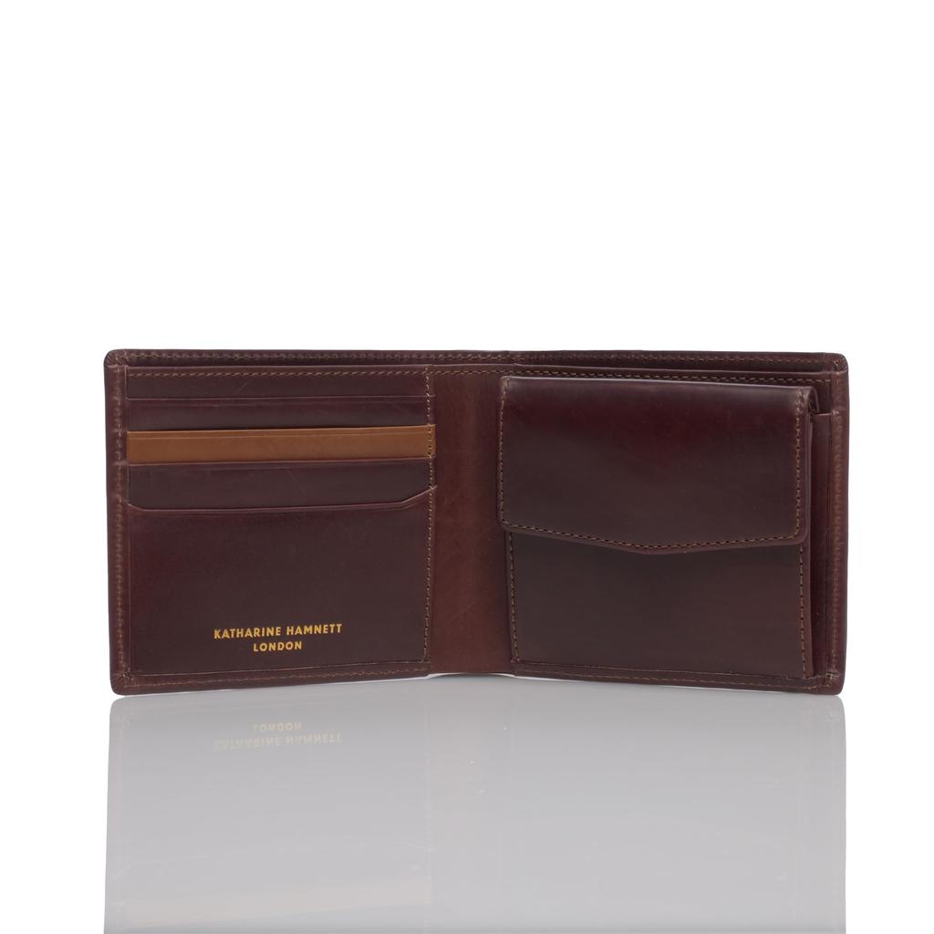 Katharine Hamnett London Calf Leather Bifold Wallet with Card and Coin Compartment, Chocolate, 490-50800