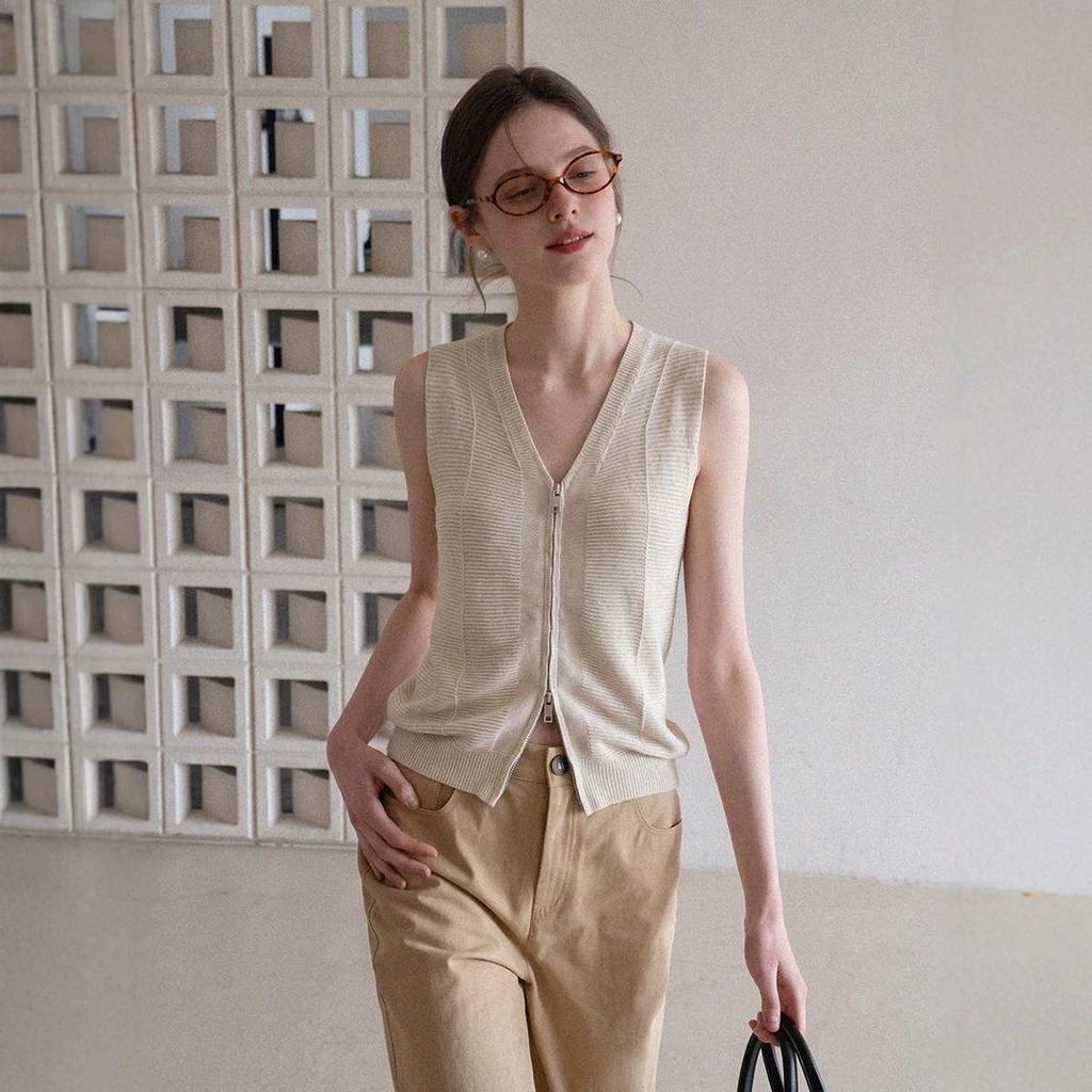 Old money wind zipper v-neck knitted sweater vest vest women's summer wear high-end sense thin sleeveless cardigan top