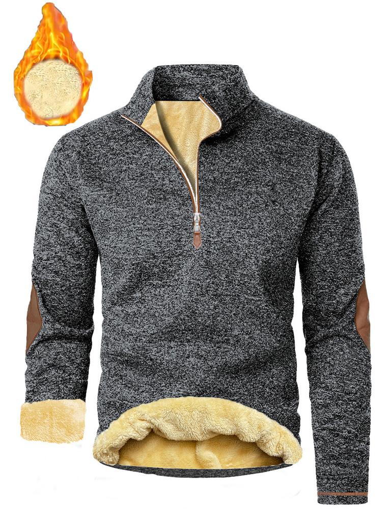 Autumn New Men's Casual Quarter Zip Fleece Lined Sweatshirt with Elbow Patches Solid Color Warm Sportswear Male Fashion Outerwear