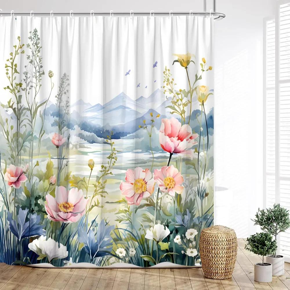 

Watercolor Flower Shower Curtain, Modern Spring Green Leaves Botanical Simple Farm Print Home Bathroom Decor with Hooks 90x180cm